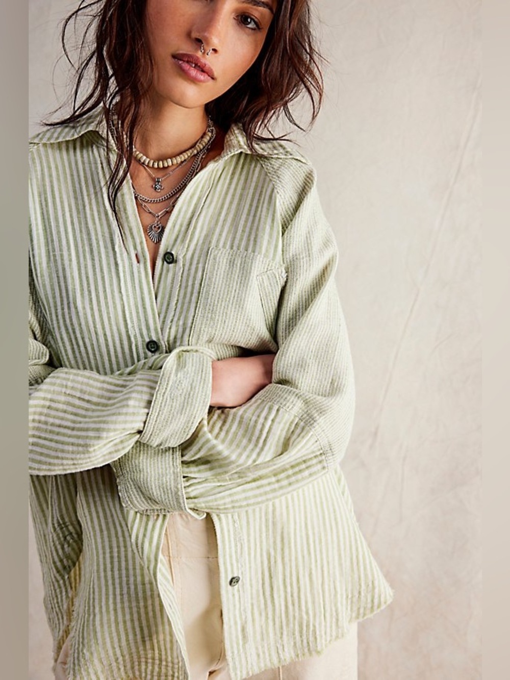 Free People linen blend Sage green striped shirt oversized top lightweight